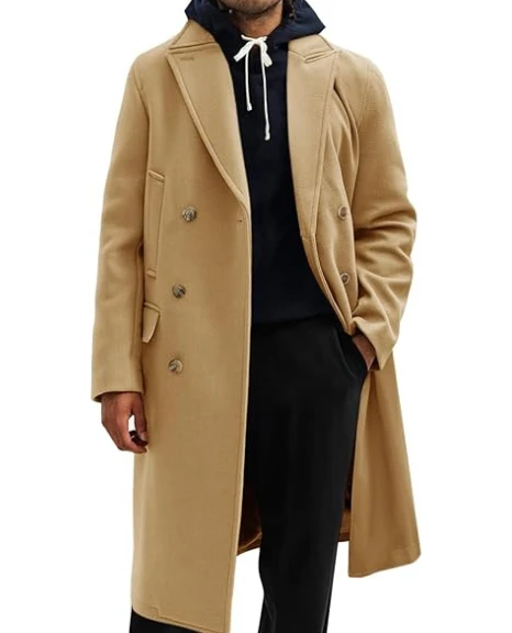 Sobretudo masculino com lapela notch slim fit trespassado casual longo negócios